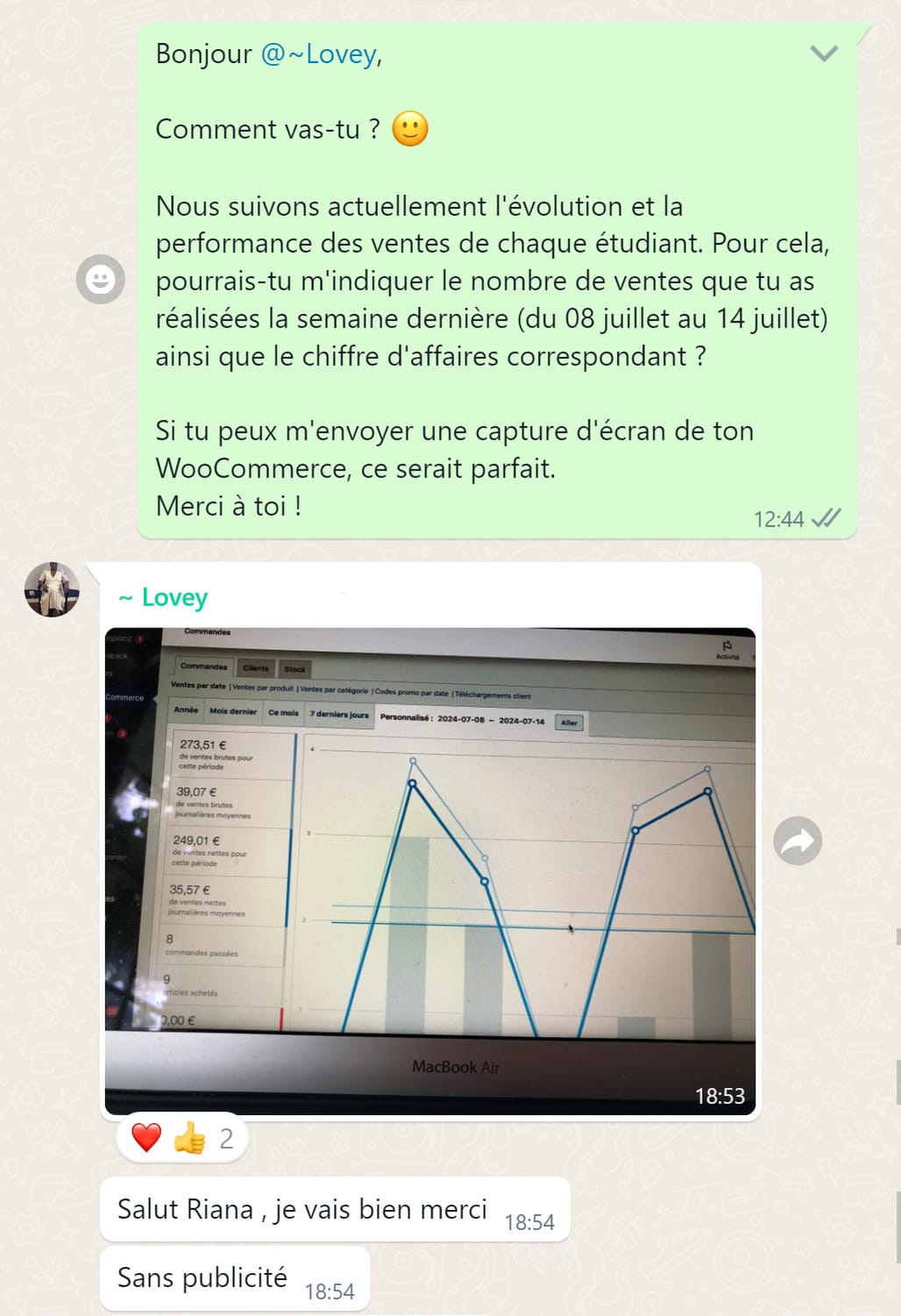 Résultats client - chiffre d'affaires mensuel